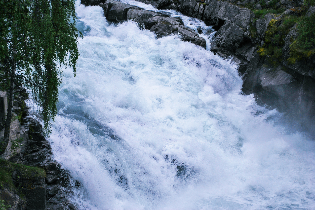 Close up of rushing river water in Loom Norway